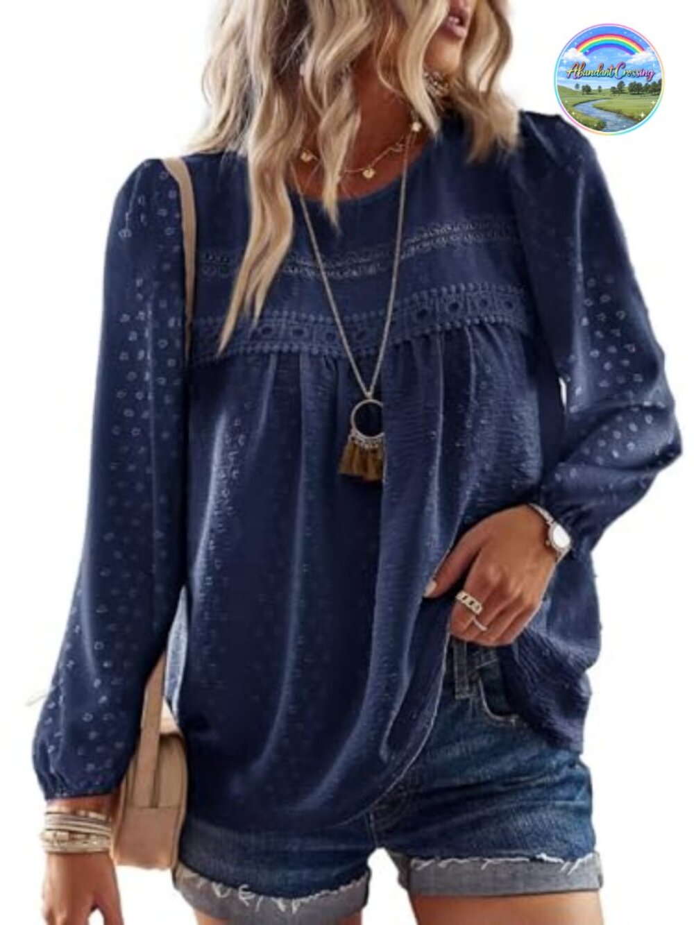 Womens Boho Crochet Lace Long Sleeve Blouse Crewneck Flowy Casual Top